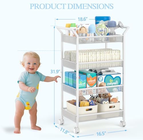 Baby Diaper Caddy Cart, 4-Tier Diaper Caddy Organizer and Storage, Rolling Utility Cart for Baby Supplies, Diaper Cart with Wheels for Bedroom, Nursery, Changing Table, White - Image 3