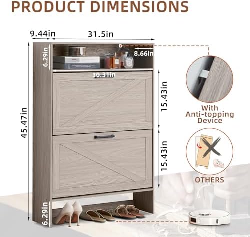 RWYHG Shoe Cabinet with 2 Flip Drawers, Narrow Entryway Organizer,Grey - Image 2