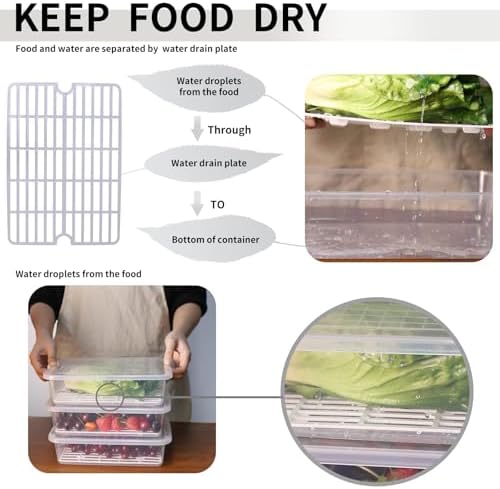 77L Fruit Storage Containers for Fridge, Rectangle Plastic Food Storage Containers with Lids, 3-Pack Deli Meat Container with Removable Drain Plate, Stackable Produce Keeper in Seafood & Berries - Image 4