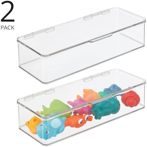 mDesign Long Plastic Playroom/Gaming Storage Organizer Box Containers with Hinged Lid for Shelves or Cubbies, Holds Small Toys, Building Blocks, Puzzles, Markers, Controllers, Crayons, 2 Pack, Clear - Image 2