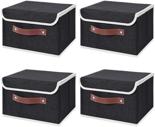 ANMINY Fabric Storage Box Bins with Lids, Black, 10"x8"x7", 4 Pack by ANMINY