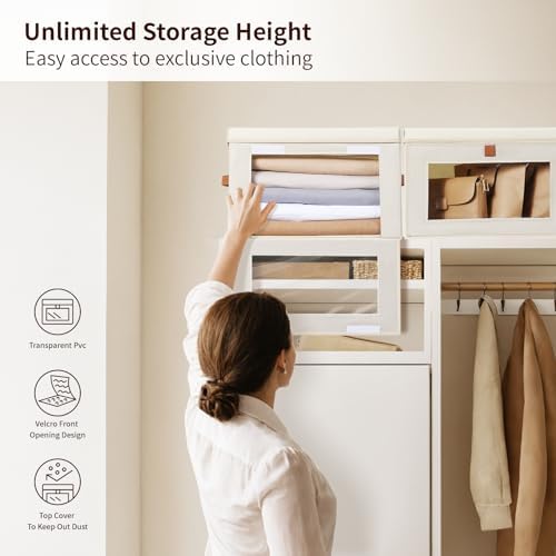 Homsorout Large Closet Storage Organizer - Clothes Storage Bins with Handles & Window, Collapsible Decorative Boxes with Lids, Fabric Containers for Living Room, Dorm, 2 Pack, Beige - Image 4