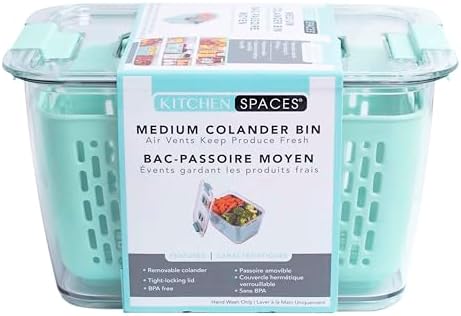 Kitchen Spaces Colander Bin, Produce Saver, Fridge Organizer With Lid, Wash, Strain and Store, Great for Refrigerator, Freezer and Pantry, Medium, Mint Green, Pack of 1 by KitchenSpaces