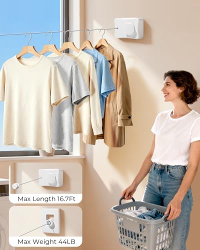 Retractable Clothesline 16.7 ft – Heavy-Duty 44 lb, Rust-Proof Stainless Steel, Wall-Mounted Indoor/Outdoor Laundry Line, Easy Install for Bathroom, Balcony & Apartment (White, Single Line) - Image 2