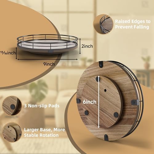 Acacia Wood 9" Bathroom Vanity Tray Turntable, Farmhouse Round Bathroom Countertop Organizer for Soap Perfume, Rotating Organizer for Kitchen Table Centerpieces, Decorative Trays for Coffee Table - Image 2