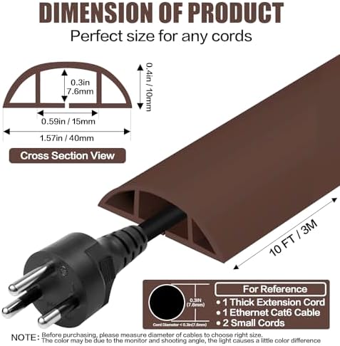 Floor Cord Cover Self Adhesive Cord Hider,10FT Cable Management, Extension Strip Protector for Wires, Prevent Cable Trips for Offices, Gyms, Exhibitions Cavity:0.51"(W) x 0.3"(H) Coffee - Image 2