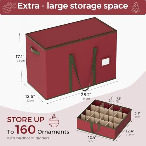 160-3” Large Christmas Ornament Storage Box, Dual Zippers, Stackable Christmas Storage Container with Lid, 6 Trays, 600D Oxford, 160-3”, Red - Image 3