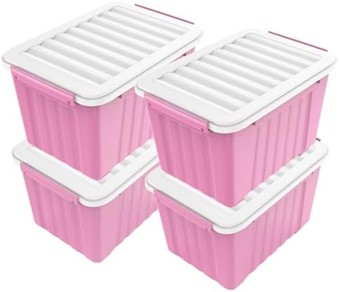 Nazhura Plastic Storage Bin, Stackable and Nestable Storage Boxes with White Lids and Secure Latching Buckles, Large Storage Container (Pink/White, 72Quart-4Pack) by NazhuraGoodCompanionAtHome
