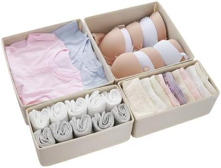 Drawer Organizer Set 4 Pack - Foldable Fabric Storage Bins with Zipper Bottom for Underwear Socks Bras Baby Clothes - Closet Dresser Organizers Dividers for Bedroom Nursery, Beige by Unknown