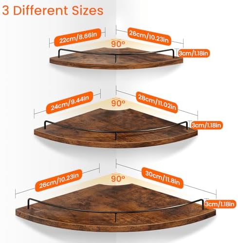 Homode Corner Shelf Wall Mounted Set of 3, Corner Floating Shelves 9/10/12 Inch Deep, Wood Round Corner Hanging Display Shelf with Guardrail for Bathroom Bedroom Kitchen Living Room, Rustic Brown - Image 2