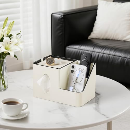 PU Leather Square Tissue Box Cover with Magnetic Closure, Tissue Holder with Storage Tray & Remote Control Organizer, for Nightstand, Living Room, Bathroom, Office Desk (White) - Image 3