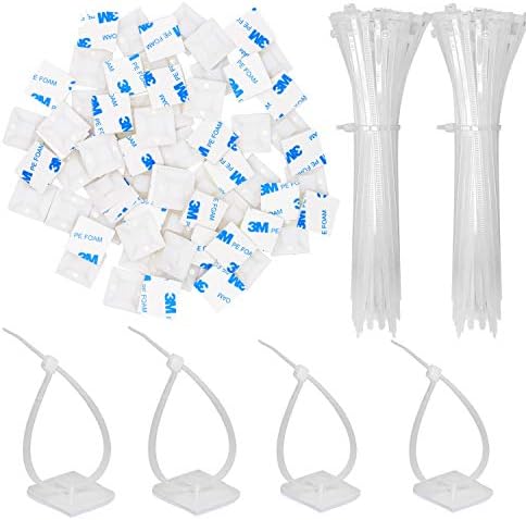 100 Pack 1.1 inch Zip Tie Adhesive Mounts Self Adhesive Cable Tie Base Holders with Multi-Purpose Tie wire clips with screw hole,Anchor stick on wire holder with 8 inch zip ties（White） by Rythcraft