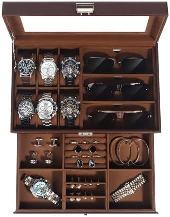 Jewelry Box for Men, 6 Slot Watch Box Jewelry Organizer With Drawer, Watch Case for Men with Large Window, 2-Layer Watch Holder, Sunglasses Storage Organizer, Velvet Lining, Fathers Day Gift by Unknown