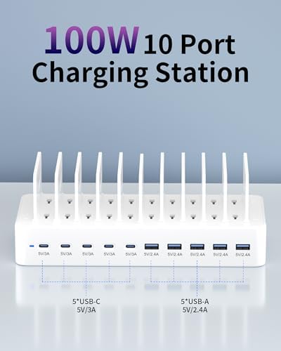 100W Charging Station for Multiple Devices, 10-Port USB Fast Charger, White - Image 2
