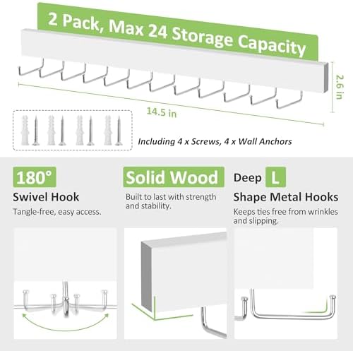2 Pack Tie Hanger Wall Mounted, Wooden Tie Rack Belt Hanger with 24 Non Slip 180° Rotating Hooks, Belt Organizer Space Saving Tie Hanger for Closet, Tie Holder & Tie Organizer, White - Image 3
