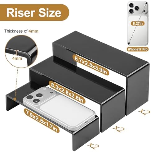 ANDGOO 6 Pcs Acrylic Display Risers, 2 Set(7.9”L-8.3”L-8.7”L), Black - Image 3