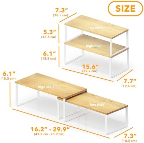 SpaceAid Cabinet Shelf Organizers 2 Pack, Kitchen Counter Rack Shelves Riser, Stackable Expandable Spice Rack, Pantry Cupboard Storage Organization (White and Natural, Long) - Image 2