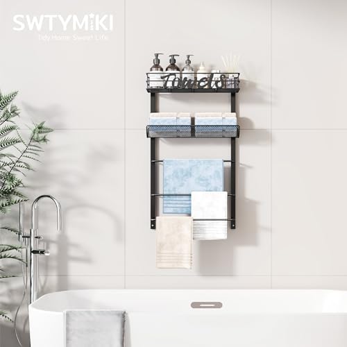 SWTYMIKI Over the Door Towel Racks for Bathroom - 5-Tier Wall Mounted Bathroom Towel Storage Organizer Holder with Metal Shelf, Black - Image 5