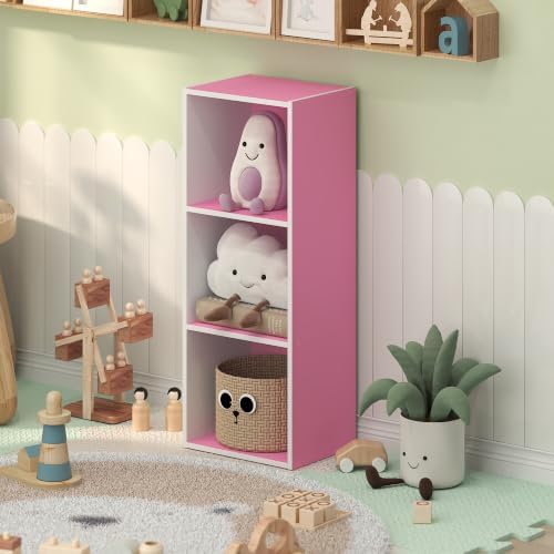Furinno LUDER 3-Cube Book Shelf, Kids Bookshelf, Toy Storage, White/Pink by Furinno-FitsYourSpaceFitsYourBudget