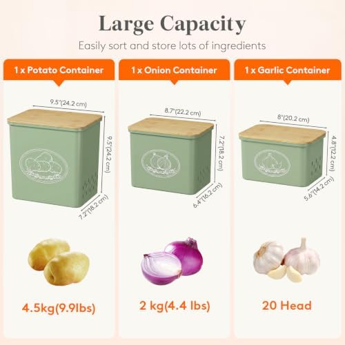Lifewit Plastic Potato and Onion Storage Bin Box, Set of 3, Green - Image 2