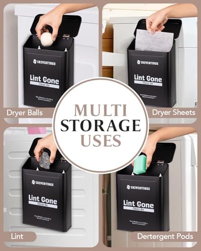 COZYCOTTAGE Magnetic Lint Bin for Laundry Room Organization and Storage With Brush & Hooks - Wall Mounted Dryer Lint Trash Can for Laundry Room Decor (Black) - Image 4
