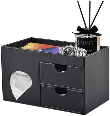 Square Tissue Box Cover with Drawers,Tissue Box Holder with Storage Tray,​ Makeup Organizer and Desk Organizer,Tissue Holders Decorative for Bathroom Vanity NightStand Dressing Table (Black) by RHCSZ
