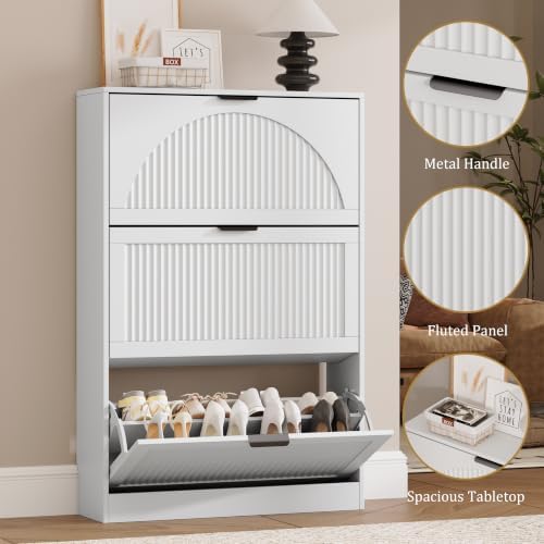 Fluted Shoe Storage Cabinet for Entryway, 3 Flip Drawers, White - Image 5