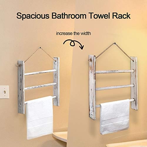 Rustic Wood Ladder Hand Towel Rack for Bathroom, Farmhouse Blanket Ladder for Living Room Hanging Decorative Rack for Blankets Whitewashed Towel Rack with Rope (Whitewashed) - Image 3
