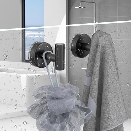 Suction Cup Hooks for Shower, Stainless Steel Towel Hooks for Bathroom Wall, Glass Door, Kitchen, Mirror, Tile, Shower Hooks for Hanging Towels, Robes, Bath Balls (2 Pack，Black) - Image 2