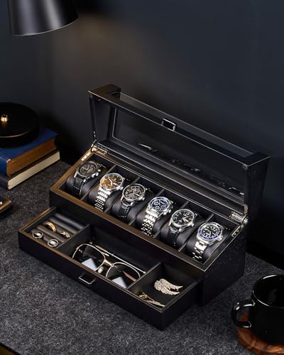 ProCase High End Wooden Watch Box for Men, 2-Layer Wood Watch Display Case Men's Jewelry Organizer Box with Drawer -6 Slot, Black - Image 4