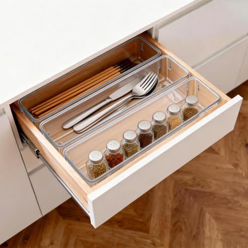6 Pcs Large Clear Plastic Drawer Organizers Tray 12"x3" Storage Bins with 25 Pcs Non-Slip Pads for Makeup, Jewelries, Kitchen Utensils, Bathroom and Office - Image 5