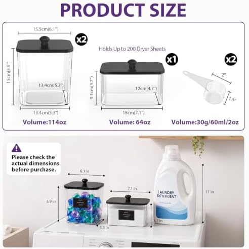 COAZEX 2+1 Pack Clear Laundry Pods Container & Dryer Sheet Holder Black Lid - Image 2
