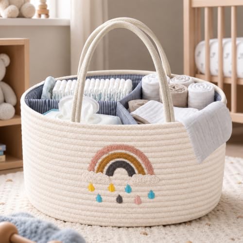 Baby Diaper Caddy Organizer, Cotton Woven Rope, Portable Nursery Storage Basket with Changeable Compartments, Newborn Gift (Rainbow) by BBSET