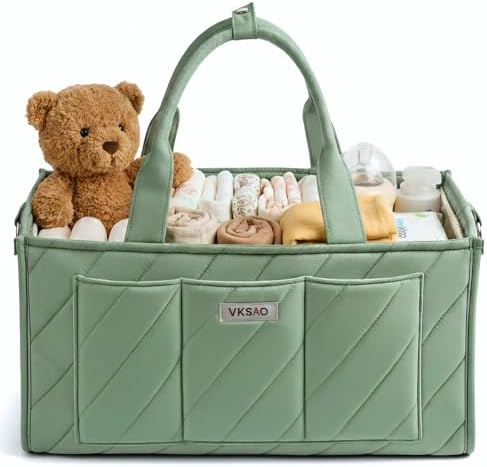 Baby Essentials Diaper Caddy Organizer – Portable Storage Basket with Shoulder Strap & Stroller Hooks, Splashproof Quilted Nursery & Car Tote, Gender Neutral Gifts for Baby Shower, Sage Green by VKSAO