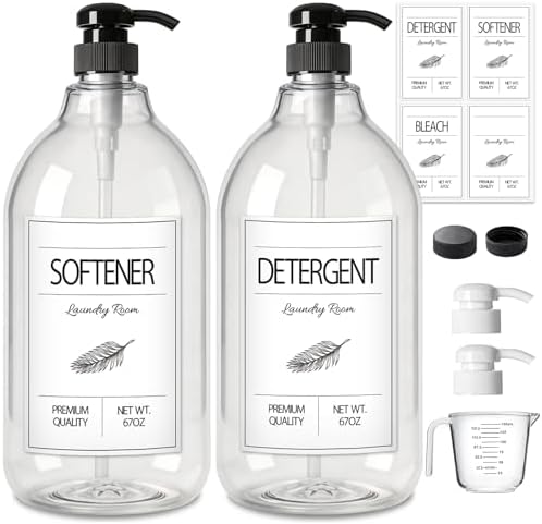 GMISUN Plastic Laundry Detergent Dispenser, 2 Pack Liquid Laundry Soap Dispenser, 64oz Storage Container for Farmhouse Laundry Room Decor, Liquid Bottle Organizer for Detergent/Softener/Bleach by GMISUN