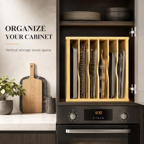 Cookie Sheet Organizer for Cabinet, 7 Tier Wooden Tray Divider - Image 6