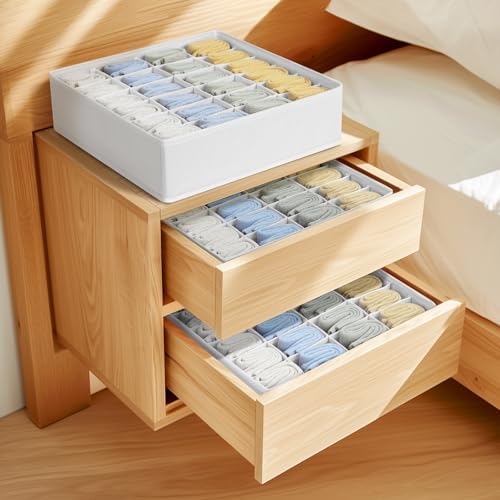 joyoldelf Sock Drawer Organizer Divider Underwear Organizer 24-cell Fabric Dresser Drawer Organizers Storage Boxes for Socks Lingerie, Handkerchiefs, Ties 4 Pack (White) - Image 4