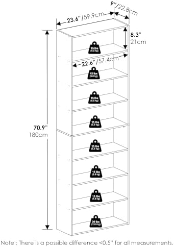 Furinno Basic Book Shelf, 8-Tier Bookcase with Open Shelf, Standing Bookshelf, Cube Storage Organizer, 9 x 24 x 71, for Living Room, Bedroom, Home Office, White - Image 3