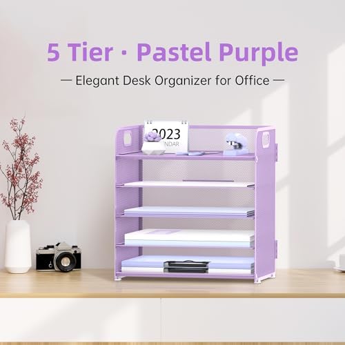 Supeasy 5 Trays Paper Organizer Letter Tray with Handle-Mesh Desk File Holders, Paper Sorter Desk Organizer for Office, Home, Classeoom or School, Purple - Image 2