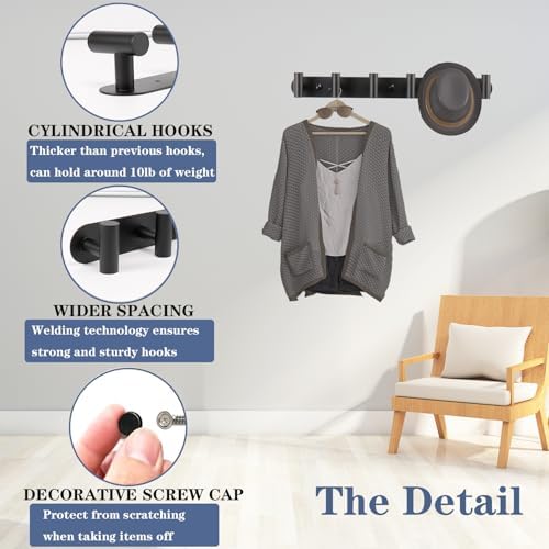 Wall Mounted Coat Hook Rack with 6 Heavy Duty Stainless Steel Hooks for Hanging Clothes, Jackets, Towels - Matte Black - Image 5
