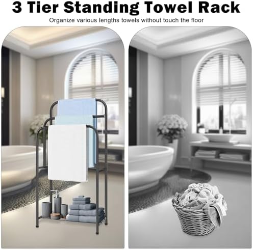 Towel Racks for Bathroom, 35" H Standing Towel Holder 3 Tier Metal Pool Towel Hanger Outdoor Floor with Storage Shelves for Blanket Bath Towel Drying (Matte Black) - Image 4