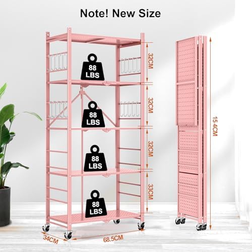 Himix 5-Tier Folding Storage Shelves with 20 Hooks Wheels Home Pink - Image 3