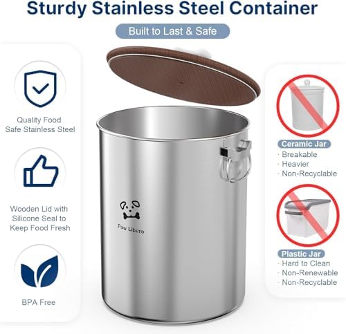Paw Libero 2PK 25 Lbs total 50 Lbs Stainless Steel Dog Food Storage Container with Airtight Wooden Lid & Ceramic Bone Handle, Large Metal Dog Food Bin for Dogs & Cats - Image 3