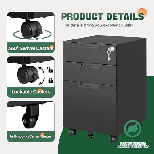 Letaya 3 Drawer Mobile File Cabinet with Lock,Under Desk Metal Small Filing Cabinets for Home Office Organizer Letters/Legal/A4(Fully Assembled Except Wheels-Black) - Image 4