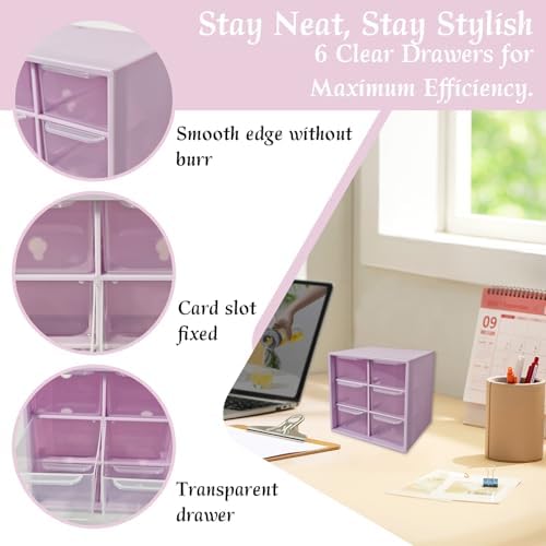 Small Mini Drawer Organizer for Desk, 6 Drawers, 4.7" x 4.7" x 3.8" Purple - Image 3