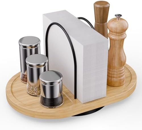 Bamboo Rotating Napkin Holder with Salt & Pepper Shaker Storage by PrimoLines