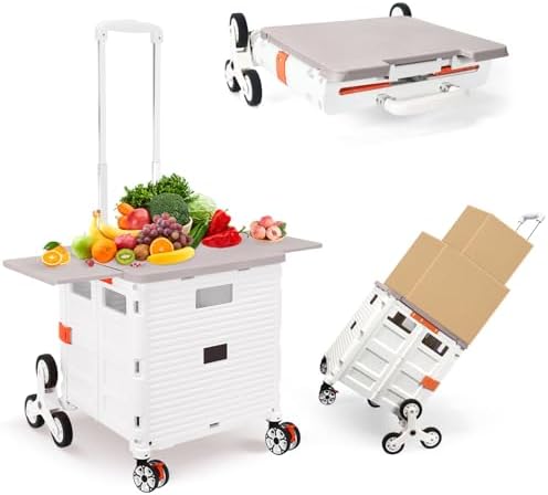 Foldable Utility Cart with Stair Climbing Wheels,Collapsible Rolling Crate with Magnetic Lid Telescopic Cover,Telescoping Handle,360° Rotate Wheel Hand Cart for Teacher Shopping Moving(Milky White) by ZIYOULANG