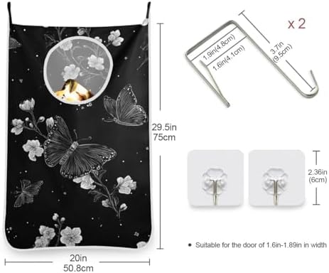 Door Hanging Laundry Hamper Bag with Free Adjustable Stainless Steel Hooks Dirty Clothes Hamper Extra Large Over the Door Laundry Hamper Butterfly Black 29.5X20inch 2 PCS - Image 3