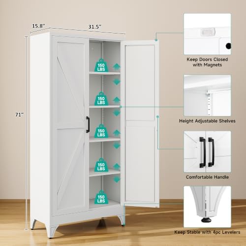 SISESOL 71" Tall Pantry Cabinet,Farmhouse Kitchen Pantry Storage Cabinets with 2 Doors and 5 Shelves,White Metal Storage Cabinet,Large Cupboard for Home,Kitchen,Dining/Living Room - Image 3