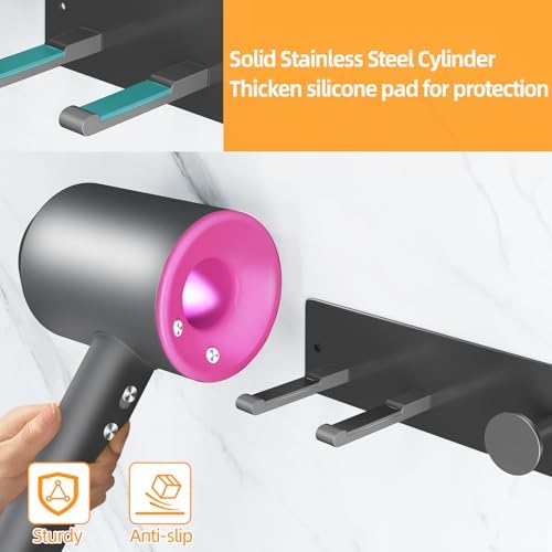 XIGOO Hair Dryer Holder Wall Mounted with 4-Adsorption, Self Adhesive Blow Dryer Holder for Power Plug, Diffuser and Nozzles Accessories Organizer, Matte Black - Image 5